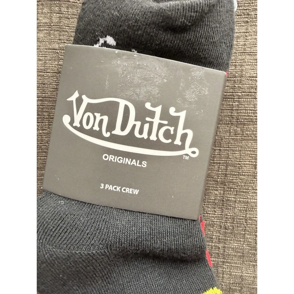 NWT Von Dutch Men's Crew Socks 3 Pairs Black Red Yellow White Check Flame Design